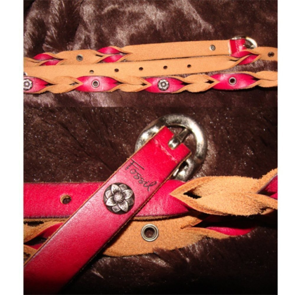 Fossil thin skinny leather belt metal flower arox size S-M Pop of Color Boho
